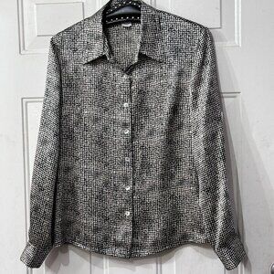 Nora Noh Silk Pet Sz M Blouse Button Up Shirt Long Sleeve Black/White Spots